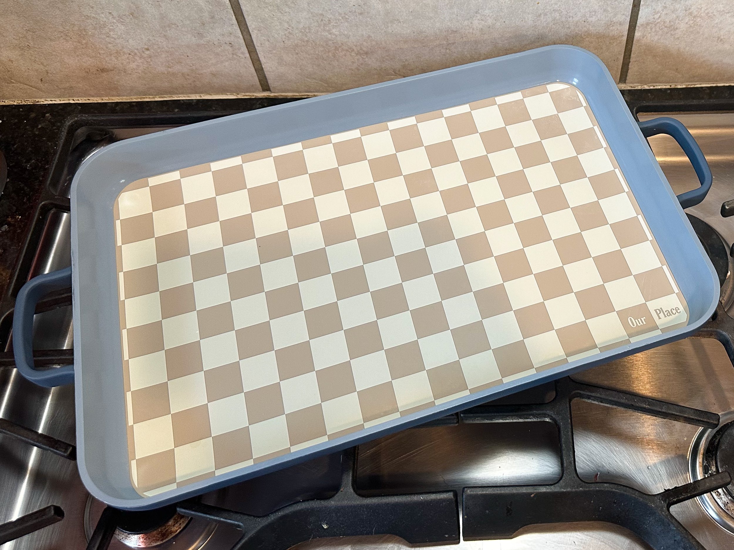 Our Place Oven Pan Blue Salt with Nonstick Mat Checker Print Cookware Baking Sheet Griddle